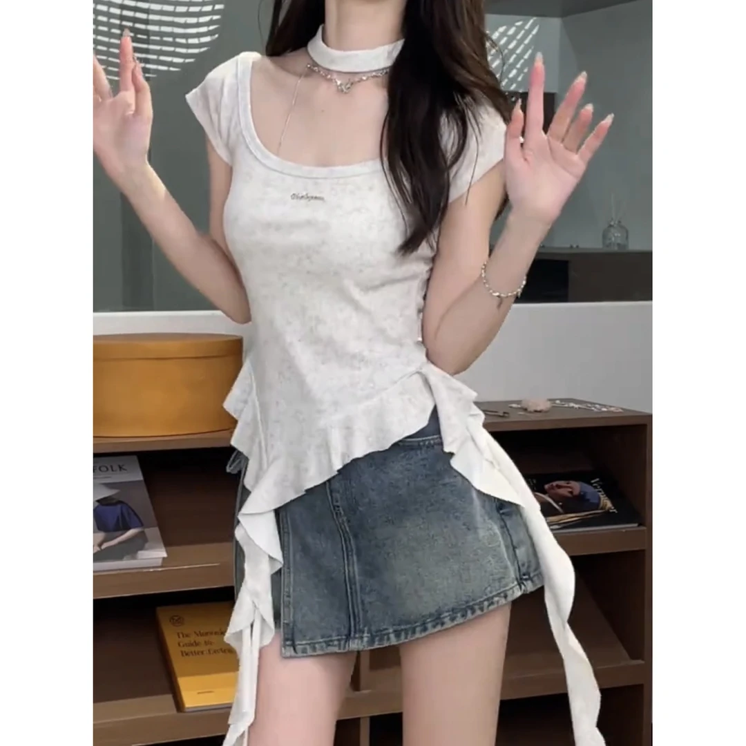 韩系氛围感辣妹风挂脖短袖t恤女2025夏季温柔气质显瘦不规则上衣