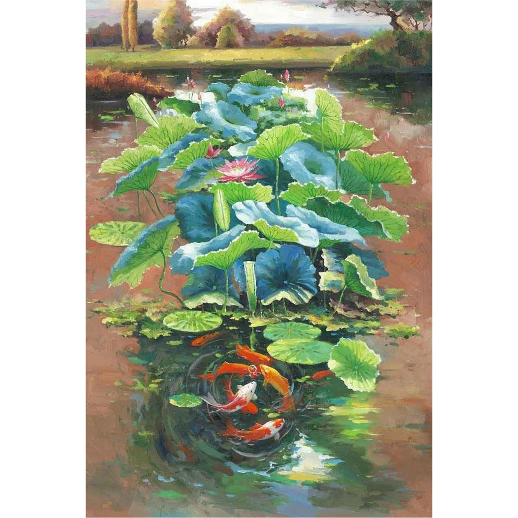 【荷花鲤鱼】寓意：荷荷美美 长长久久 装饰画 油画客厅玄关办公