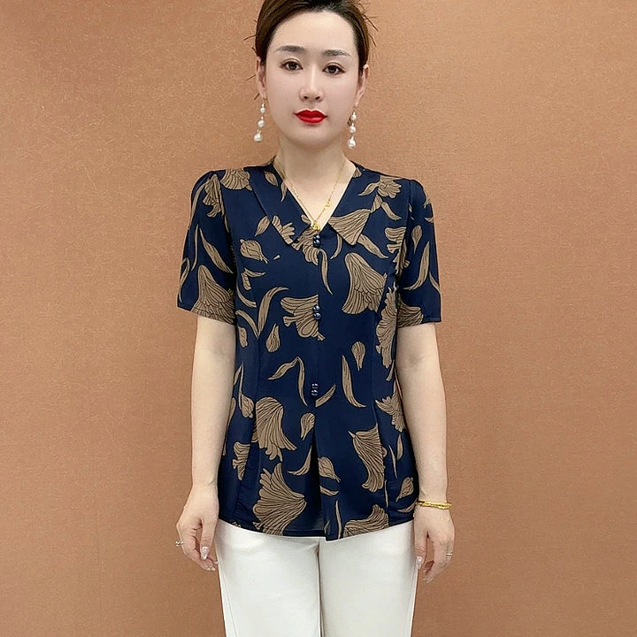 减龄印花时尚小衫夏季妈妈装短袖上衣遮肉百搭减龄中年女装t恤