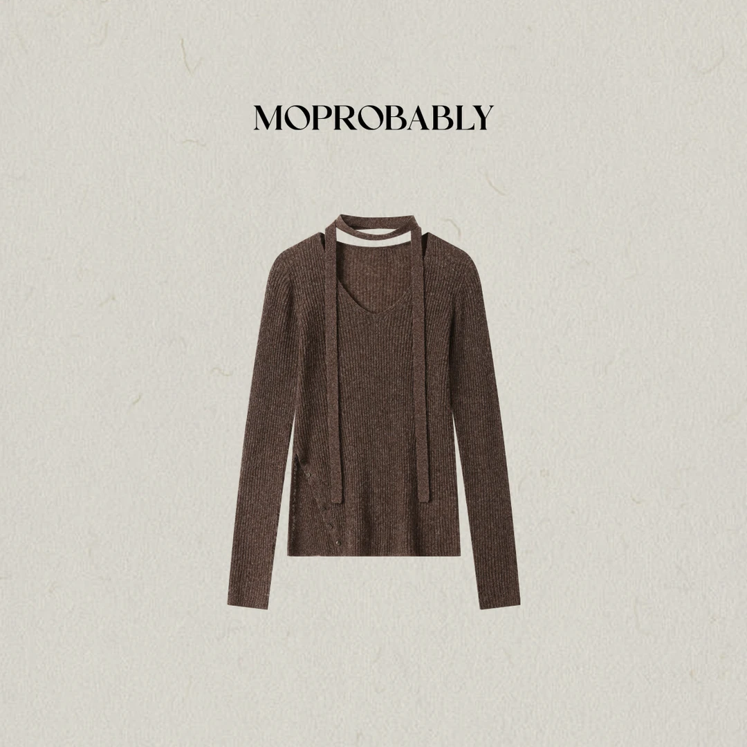 Moprobably李予诺「赫赫」羊毛混纺极简风飘带挂脖套头毛衫L5376054
