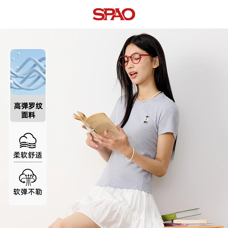 SPAO韩国同款纯欲慵懒风女装2025夏季新款小熊圆领修身短袖T恤YYC
