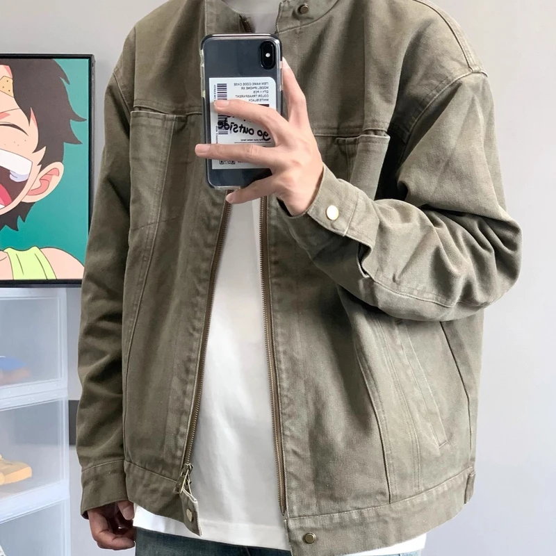 美式复古重磅水洗帆布哈灵顿外套男立领高级痞帅设计感休闲夹克潮
