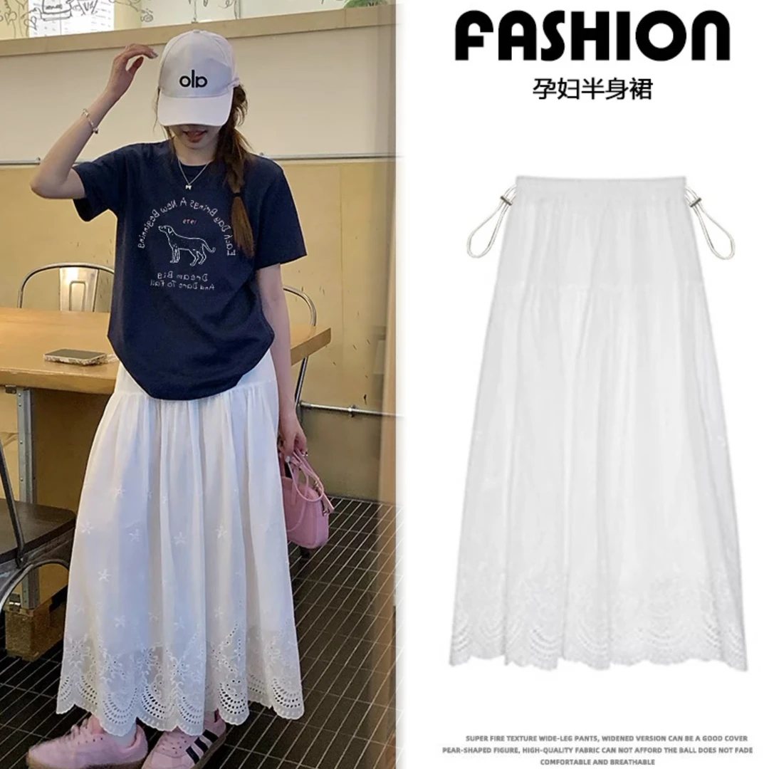 孕妇半身裙2025夏季时尚显瘦温柔风花朵刺绣半身裙外穿百搭a字裙