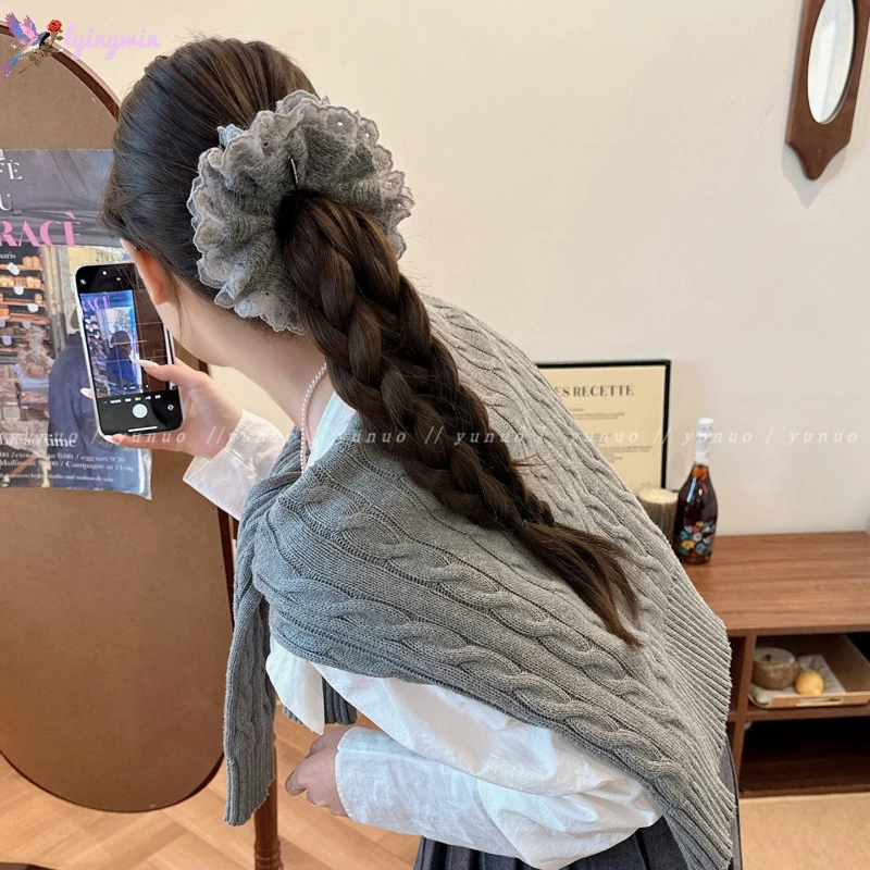 韩系甜美蕾丝针织头花边大肠发圈丸子头绳扎头发绳低马尾皮筋发饰