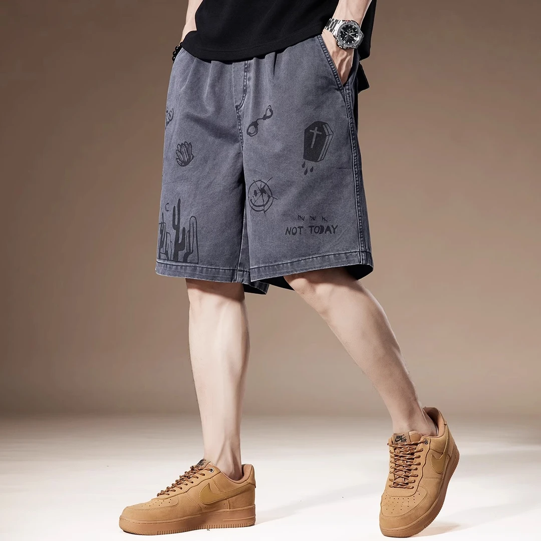 潮龛高端美式重磅涂鸦印花短裤男夏季复古宽松纯棉休闲工装五分裤