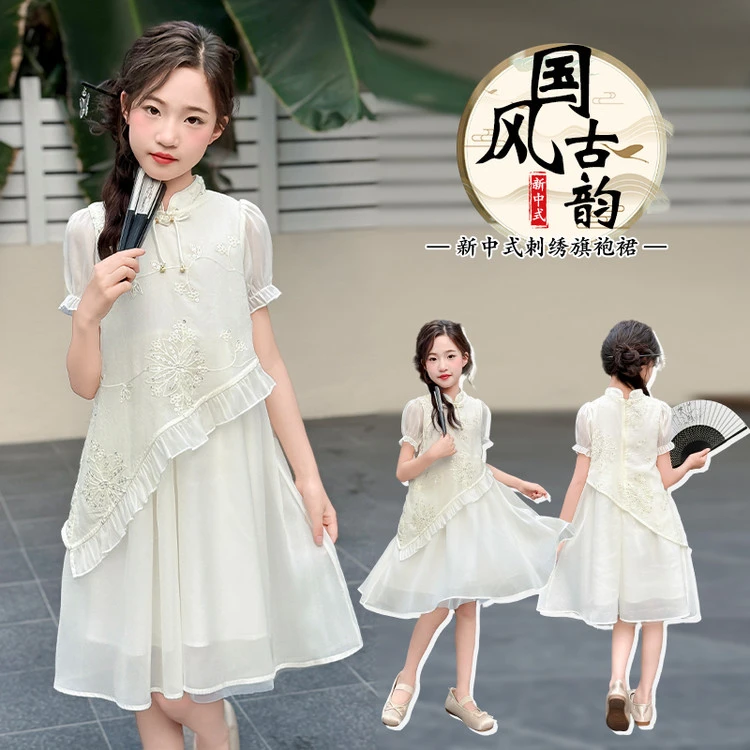 公主夏季儿童女童中大童米白色刺绣亮片连衣裙淑女洋气亲子新中式