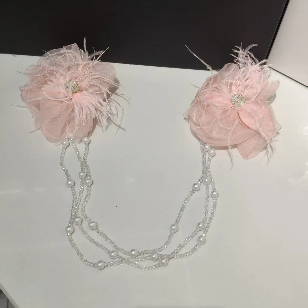 粉色花朵羽毛钻钻链条双发夹