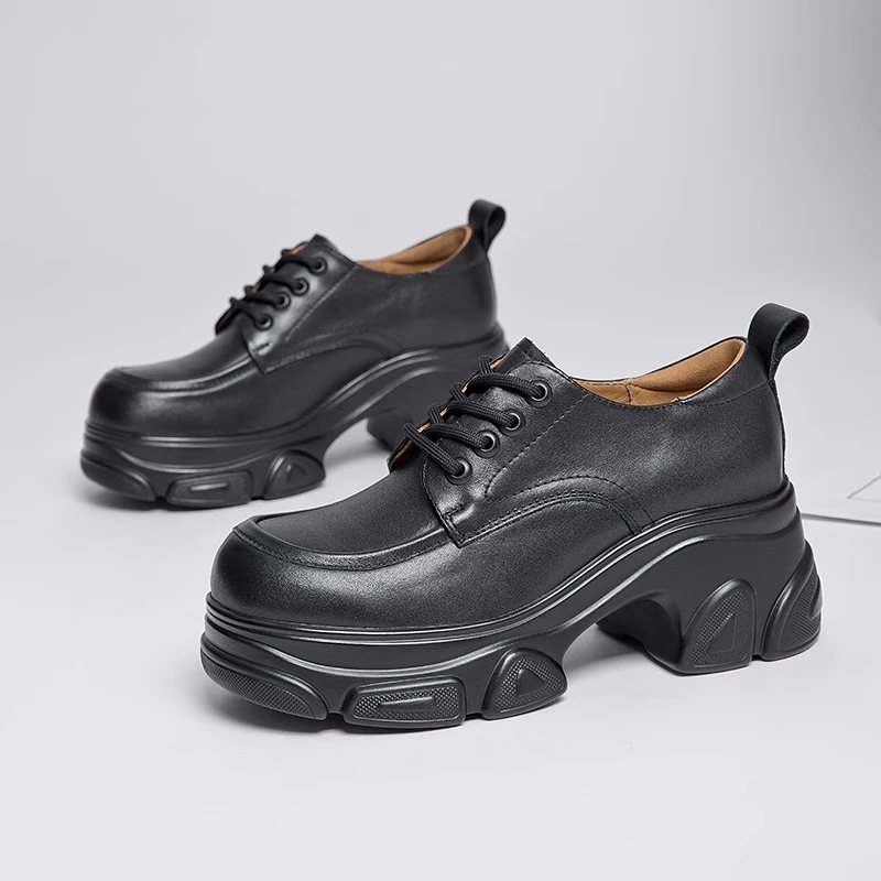 真皮厚底乐福鞋女2025新款夏季英伦风凯旋门黑色小皮鞋牛皮系带款