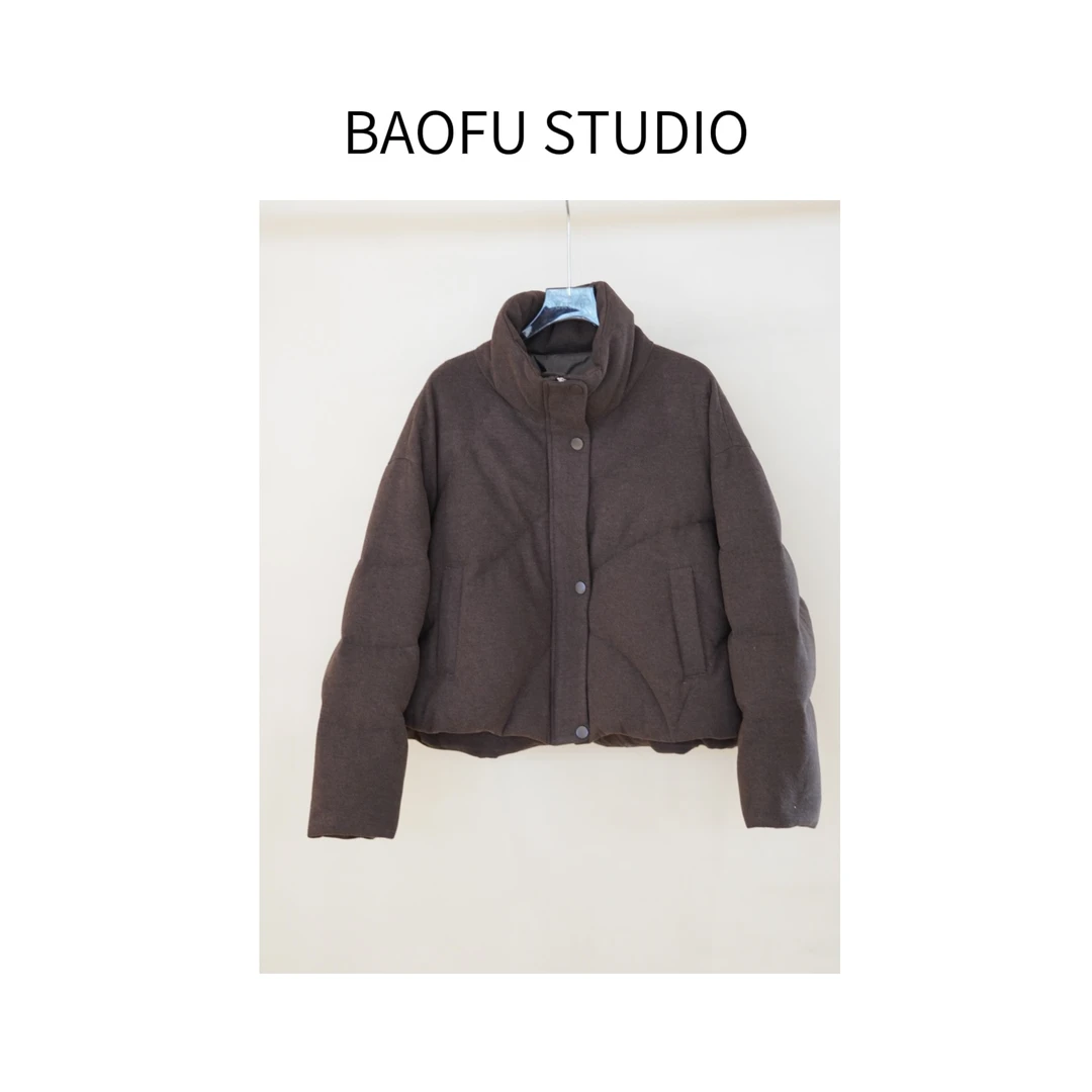 BAOFU studio｜纯色丝羊绒面鹅绒服立领短款羽绒服秋冬夹克外套