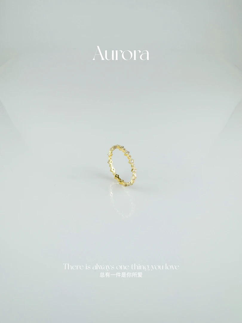 铜合金锆石戒指 Aurora/法式金色设计感素款精致方块戒指