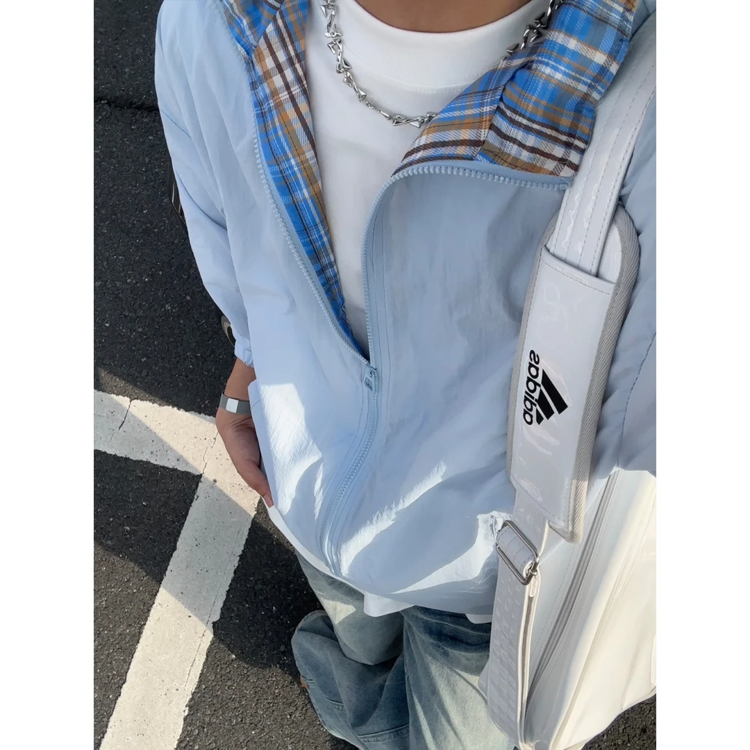 UPF50+冰川蓝防晒衣外套男夏季薄款格子拼接设计感翻领情侣防晒服