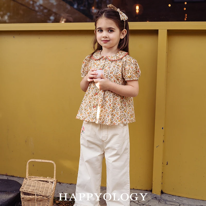 【HAPPYOLOGY】儿童春夏新品撞色衬衣童装泡泡袖女童短袖上衣衬衫z