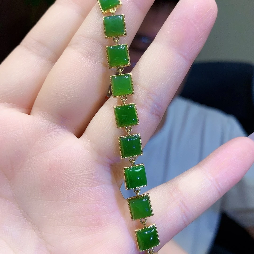 银S925镀金镶嵌手链和田玉（碧玉）