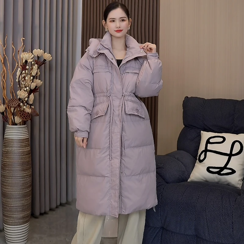 屿乔2024新款鸭绒羽绒服休闲连帽时尚宽松中长款收腰保暖韩版