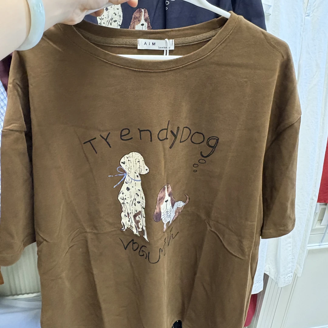 女士秋款磨毛半袖t恤印花卡通圆领宽松百搭撞色时尚大版潮流女