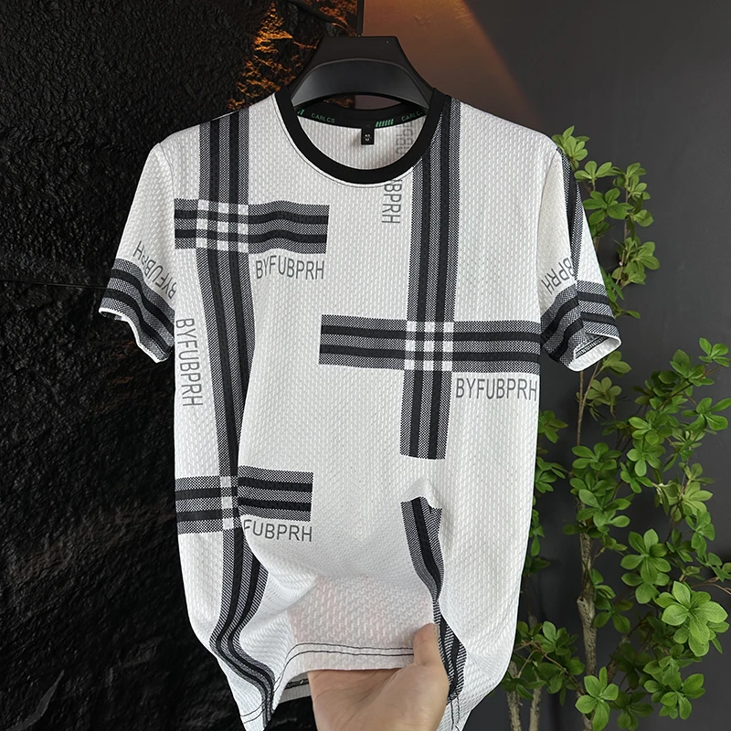 夏天中青年短袖霸气冰丝T恤男士格子夏季流行大码上衣宽松休闲装