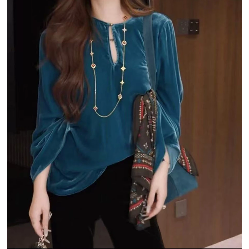 G. yantong/郭彦彤定制早秋款丝绒长袖上衣新中式轻奢衬衫DD1207