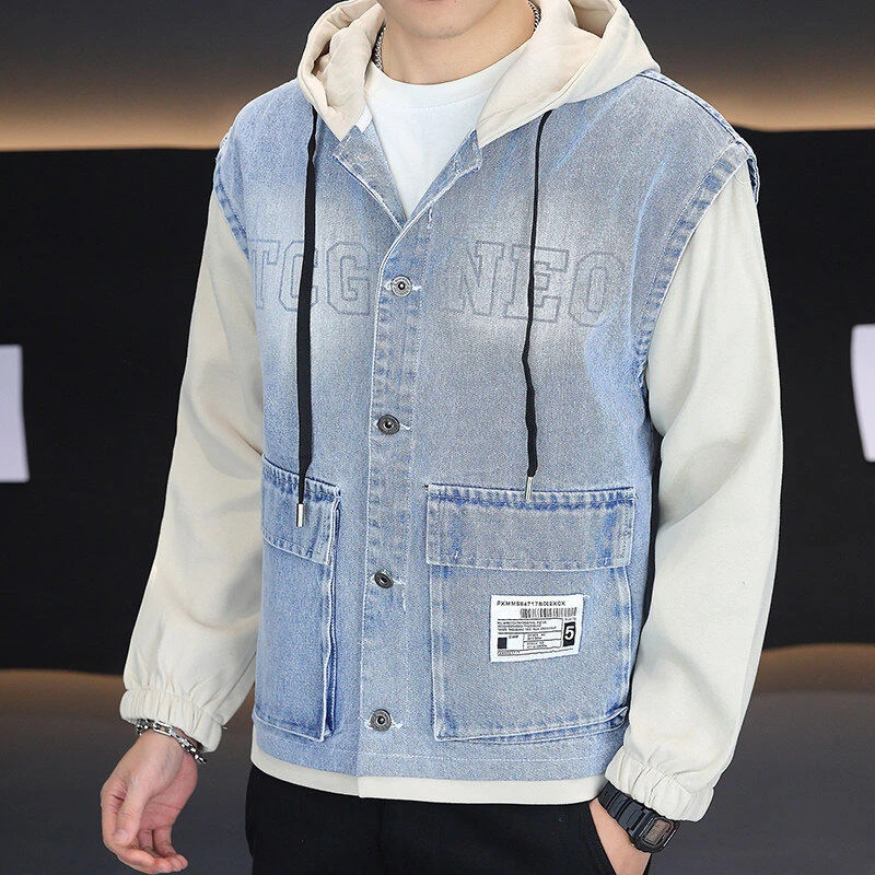 2025春款男士潮流宽松连帽假两件牛仔外套休闲夹克青少年8825