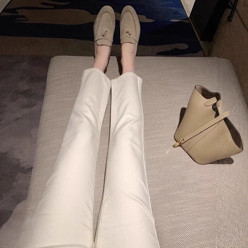 雪千羽米白色直筒牛仔裤女2025新款夏薄高腰夏天弹力八九分烟管裤