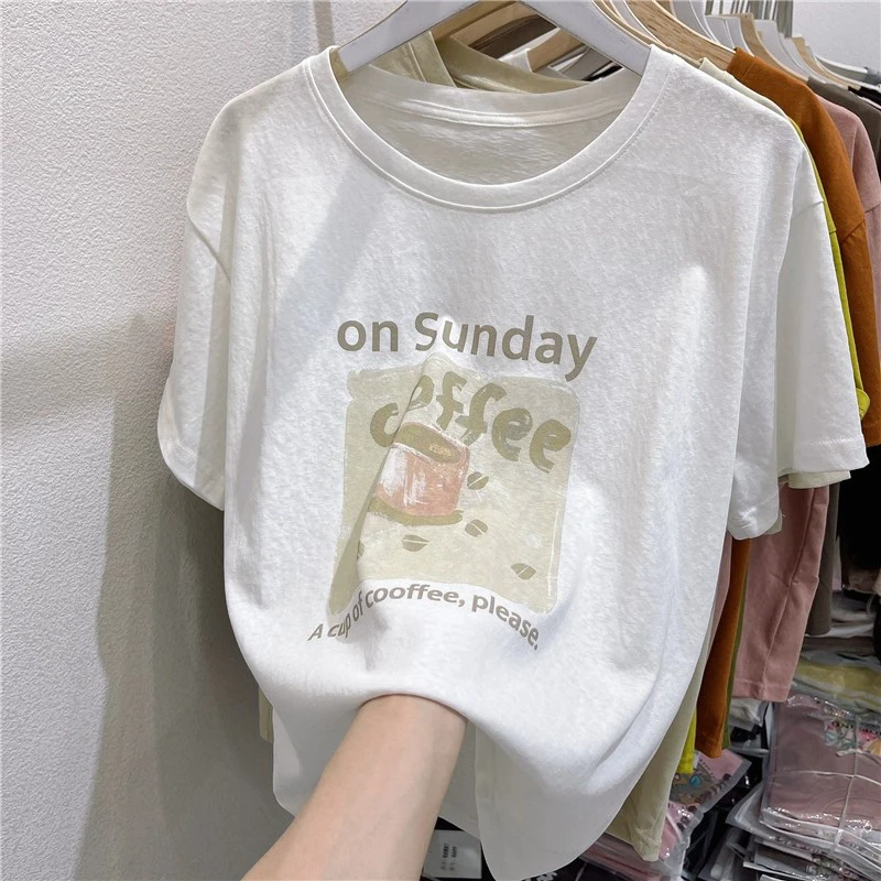 韩系简约百搭宽松巨遮肉短袖女t恤夏季新款印花圆领雪花棉上衣女