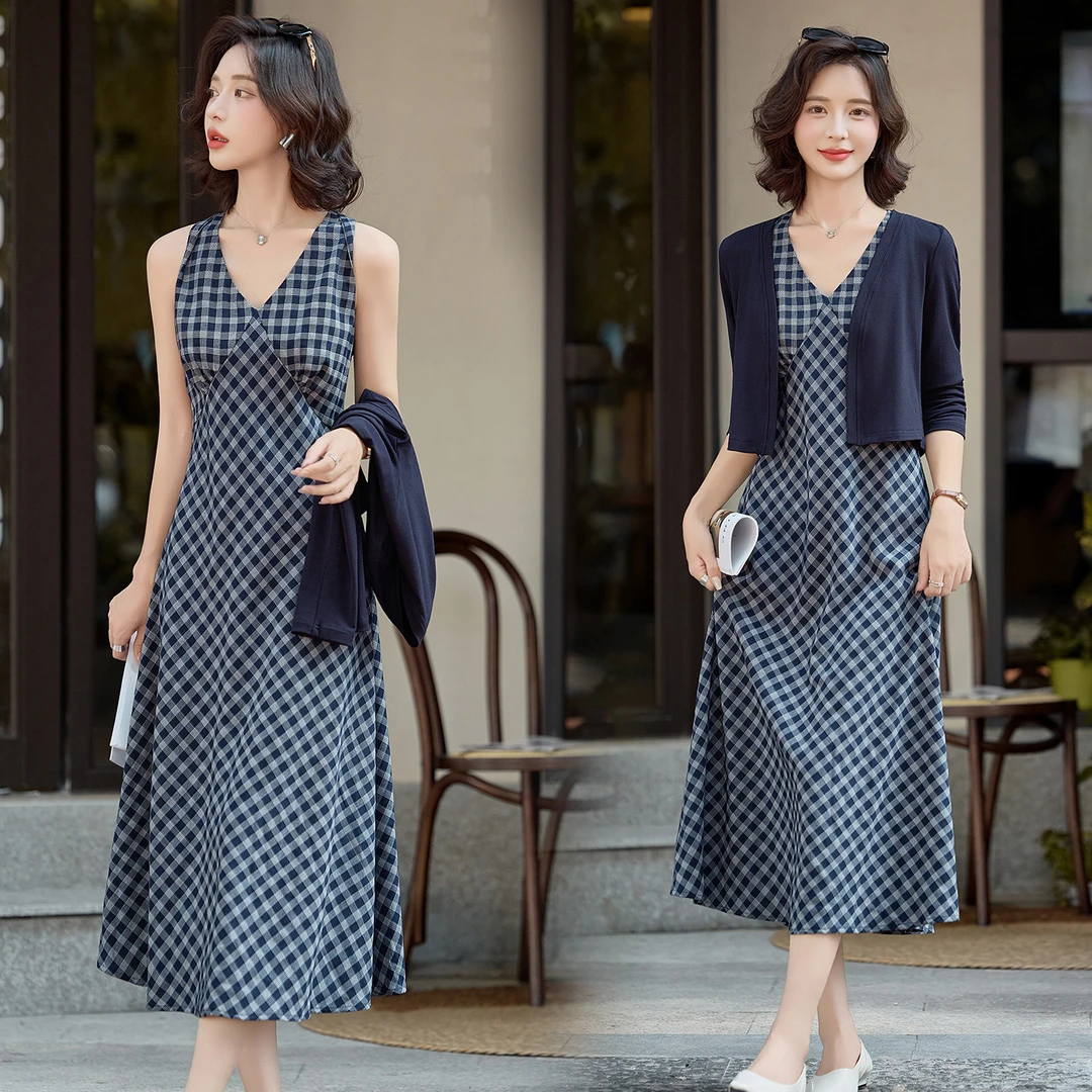 韩系气质复古格纹连衣裙套装女2025春秋新款针织开衫背心裙两件套