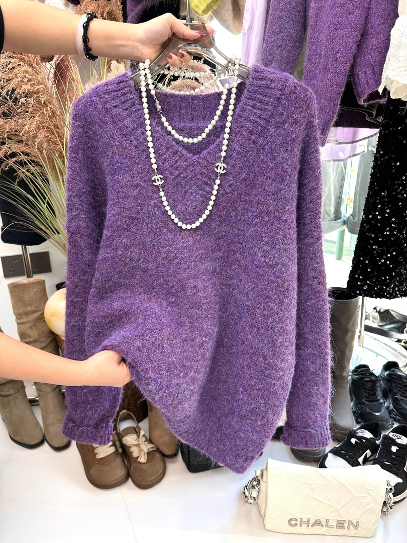 25新年款 V领经典极简风毛针织长袖套头慵懒时尚百搭韩版毛衣上衣