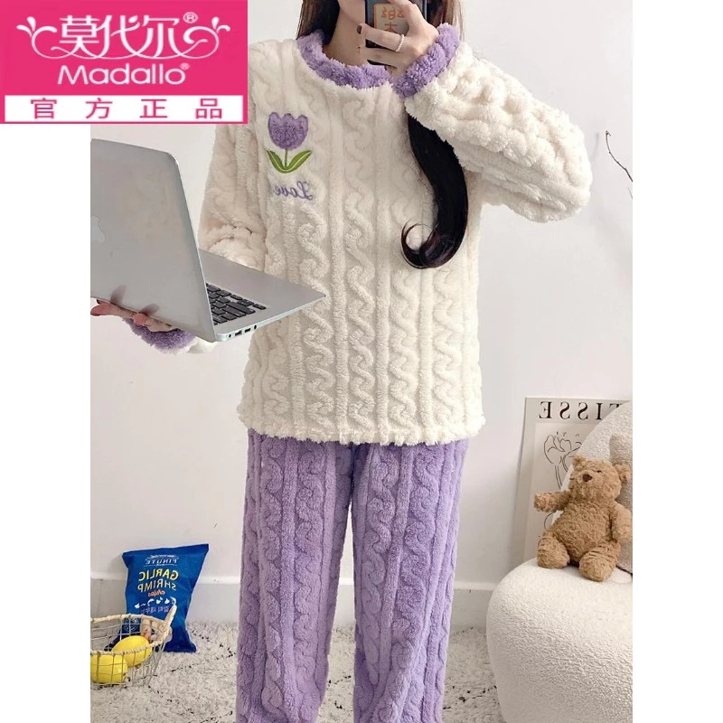 莫代尔睡衣女秋冬季珊瑚绒甜美法兰绒学生加绒加厚保暖可外穿家居