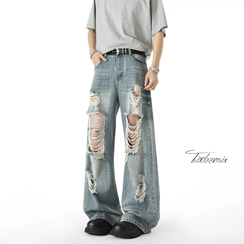 2025年夏季新款破洞裤男做旧青少年设计感夏季水洗直筒宽松拖地裤