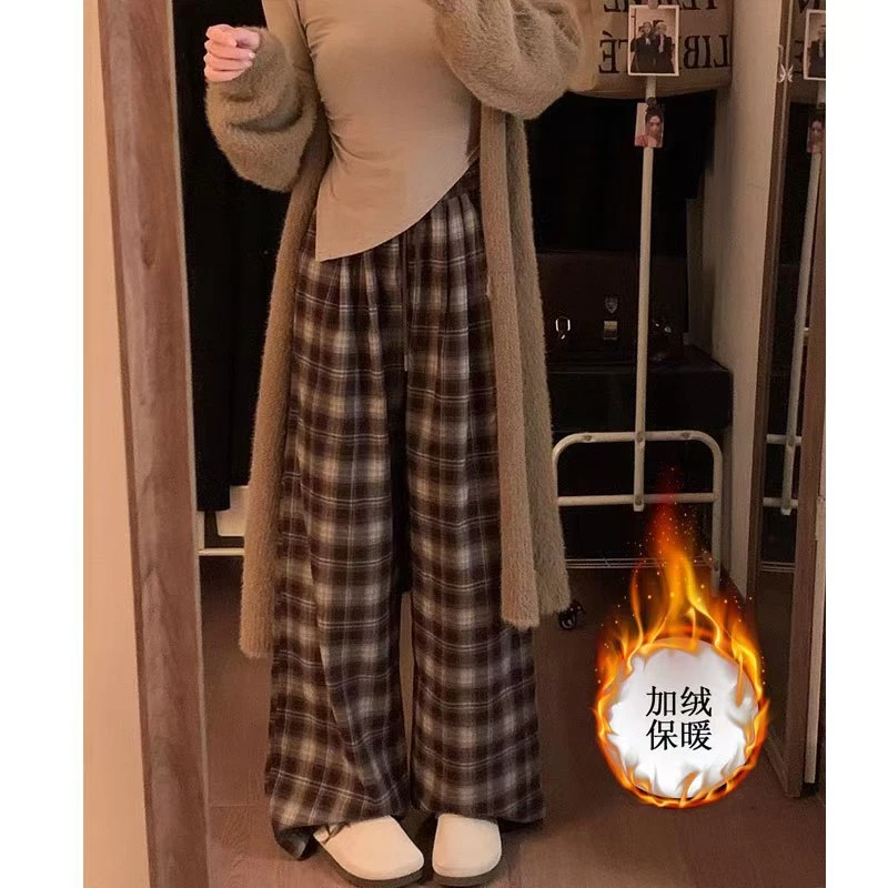 冬季女款裤子慵懒风复古格子休闲裤加绒加厚松紧腰宽松拖地磨毛裤