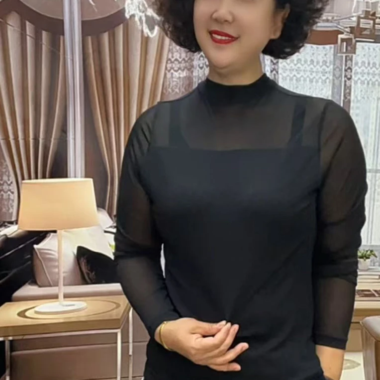 T恤蕾丝速干长袖秋季半高领网红时尚极简风拼接女士