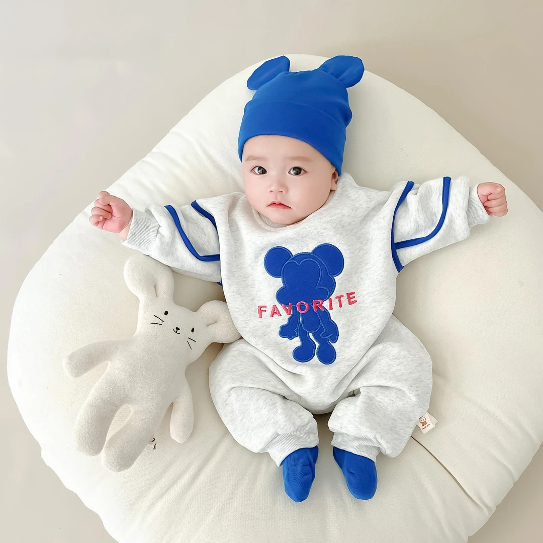 MK&UR.BV婴儿卡通加绒哈衣连体衣秋冬季百天宝宝超萌洋气韩系外出