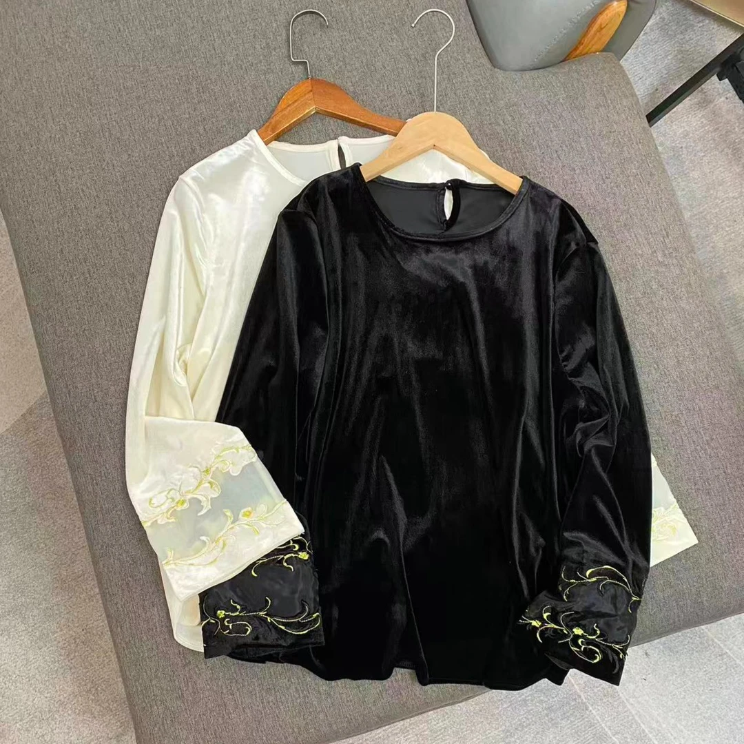 【特价款】（现货刺绣袖口）新中式春秋款圆领长袖T恤 女士百搭丝绒衫