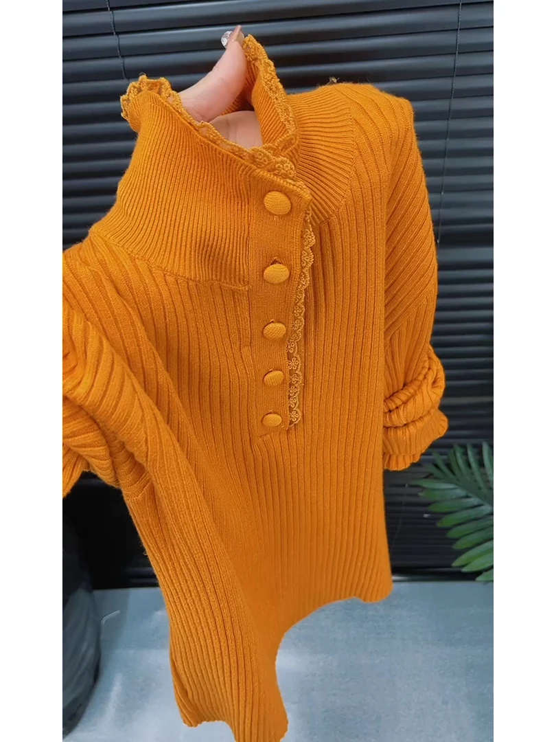 法式南瓜色花边高领半扣针织衫女秋季2025新款软糯百搭打底衫毛衣