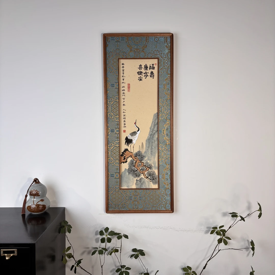 纯手绘贺寿礼 松鹤延年 35*88cm织锦缎框中框立体装裱实木榫卯