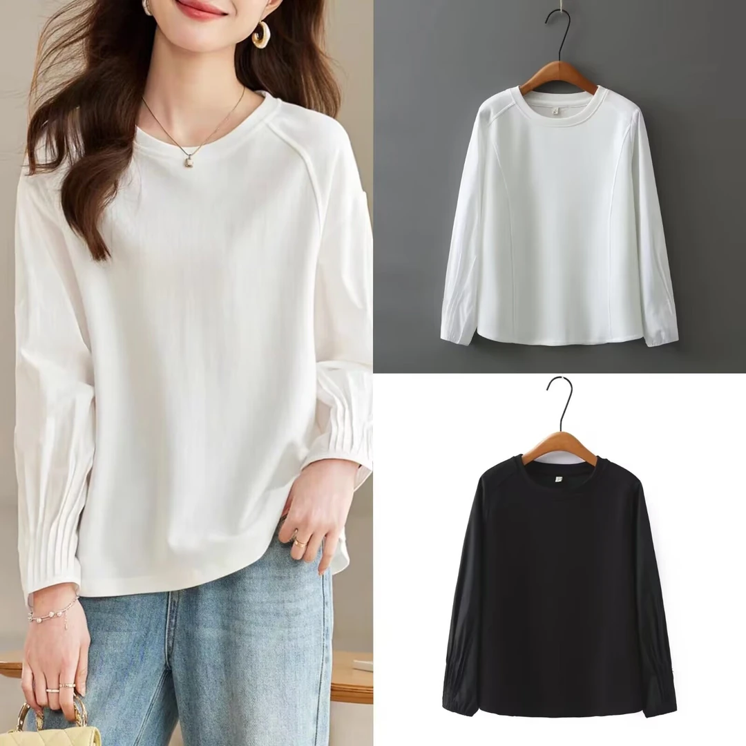 2025早春新款大码百搭显瘦宽松气质纯色长袖打底T恤简约压褶上衣