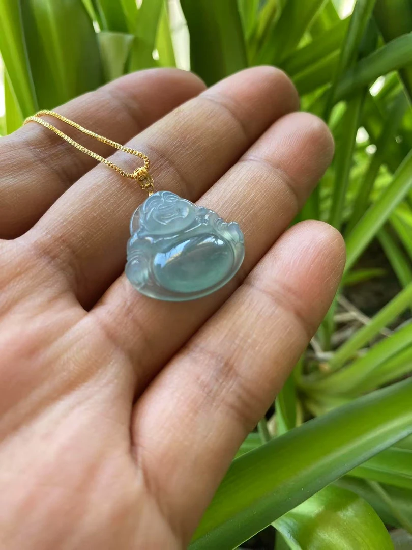 天然翡翠佛公吊坠缅甸翡翠A货老种老料高冰镶嵌气质冰透精美时尚