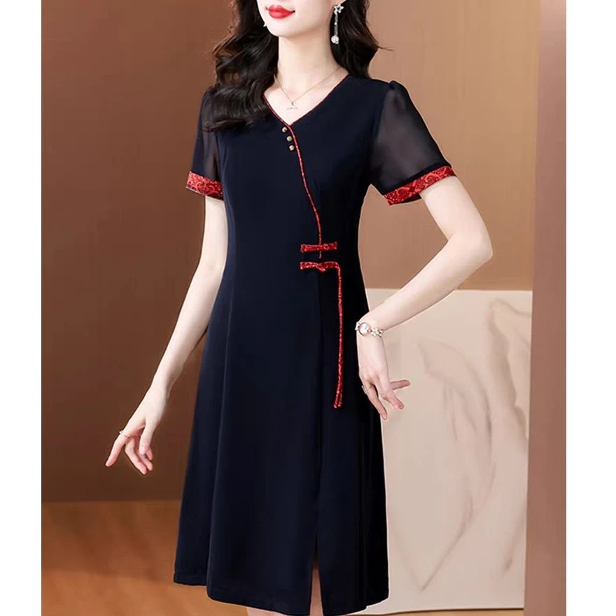 【HQ798】妈妈连衣裙洋气新中式国风改良旗袍中老年夏季气质裙子