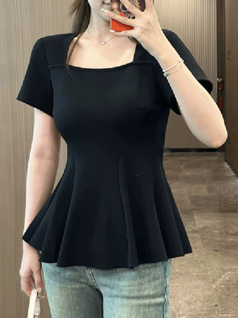 纯欲辣妹方领正肩短袖黑色t恤女夏季胖mm遮肚显瘦鱼尾上衣7184