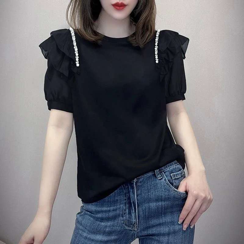 纯棉短袖t恤女2025夏季新款荷叶边重工钉珠圆领洋气上衣打底衫女