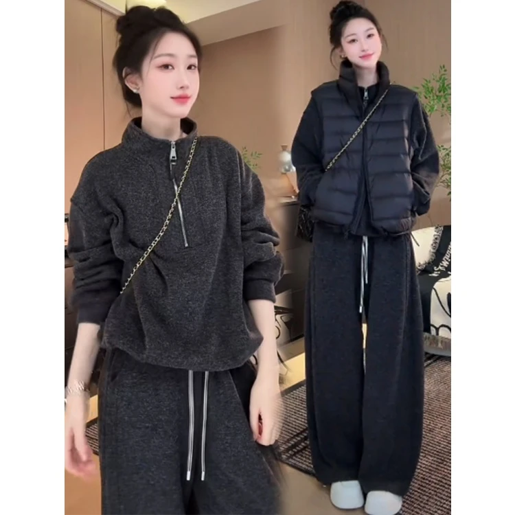 拉夏贝尔运动套装女2025年秋冬时髦洋气立领开衫卫衣阔腿裤三件套