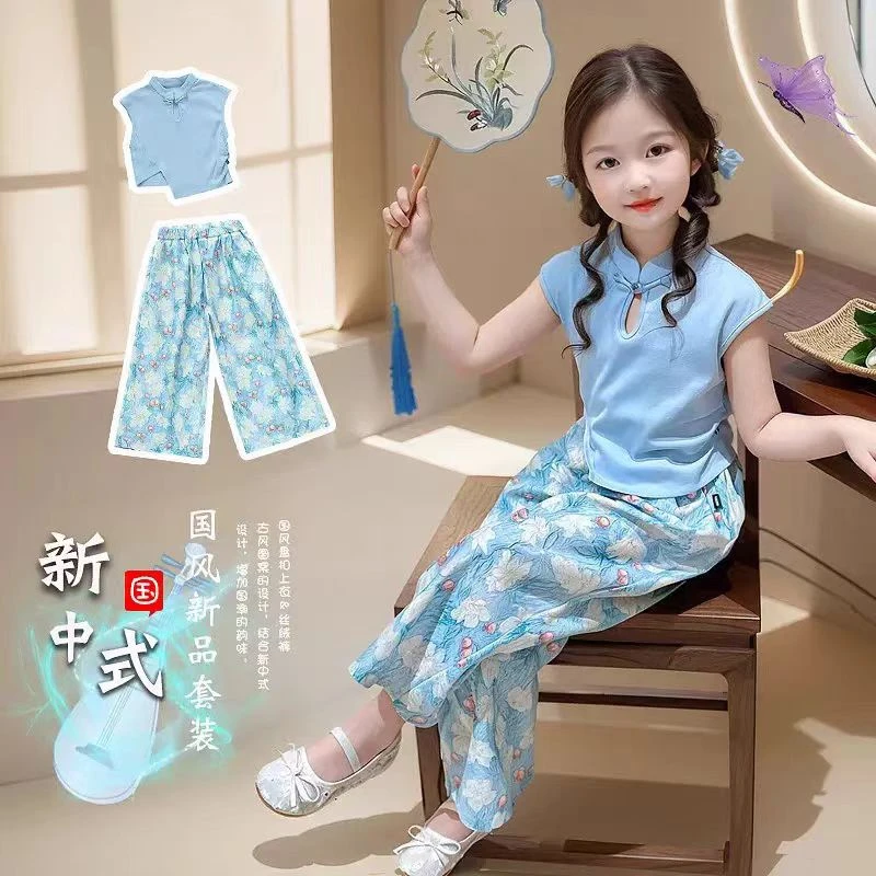 新款女童套装2025夏季儿童新中式国风短袖T恤阔腿裤女孩两件套