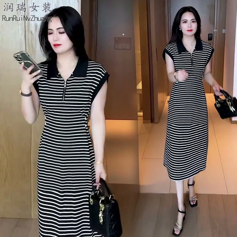 夏季休闲风气质时尚短袖中长裙黑白条纹连衣裙条纹2025潮流裙子女
