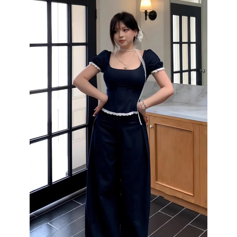 大码胖MM法式甜辣蕾丝拼接短袖T恤女夏季设计感系带收腰独特上衣