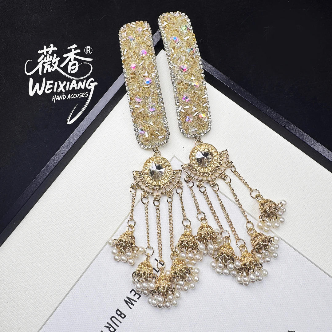 weixiang/薇香090金色秋冬新款重工流苏原创重工侧边刘海横发夹