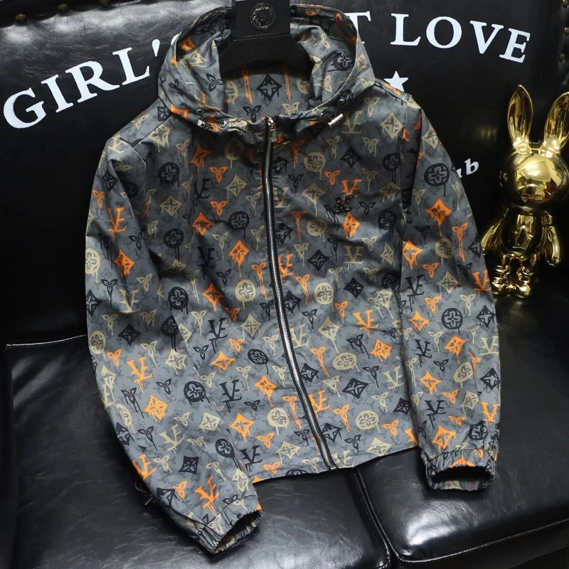 路约威格潮牌花色夹克衫男士春秋季新款修身青年时尚连帽防风外套