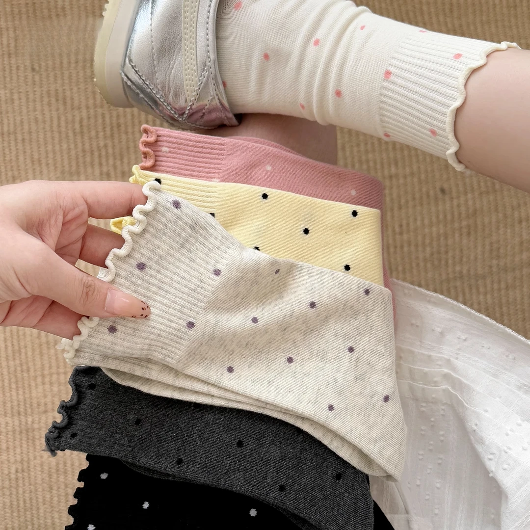 木耳边波点中筒袜女款夏季薄款ins潮堆堆袜纯棉日系长款袜子可爱