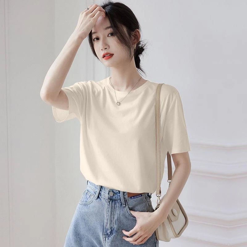 FAVMARTHA莫代尔螺纹短袖t恤女夏季新款宽松圆领打底衫显瘦百搭纯