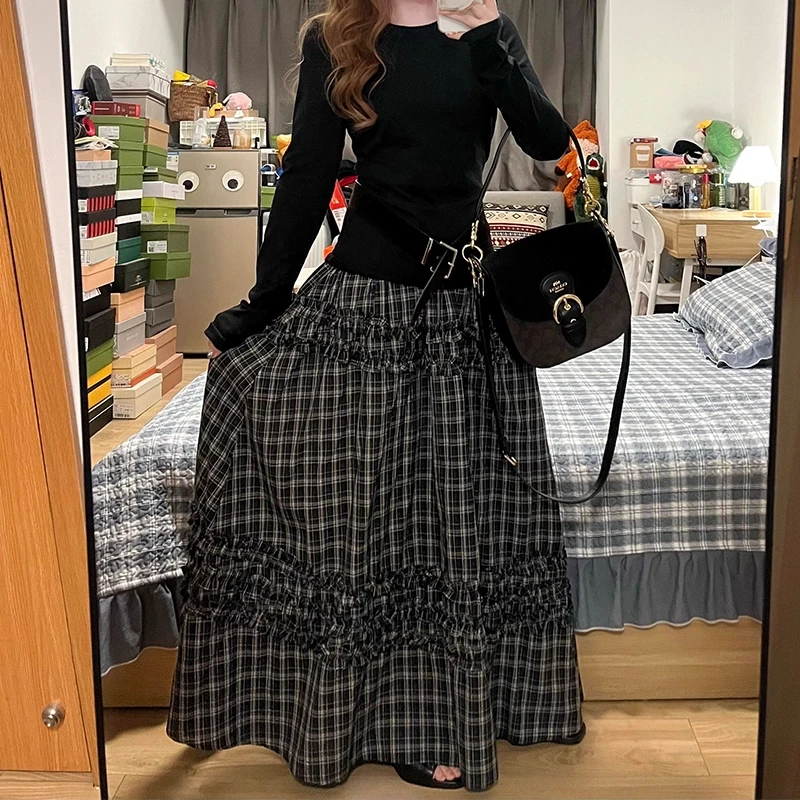 美式黑白格子花边拼接半身裙秋装女款大码胖mm显瘦长款a字蛋糕裙