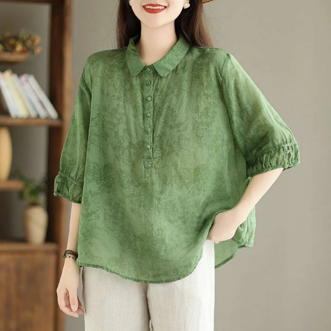 2025新款时尚提花翻领衬衫洋气复古女士中袖衬衣显
