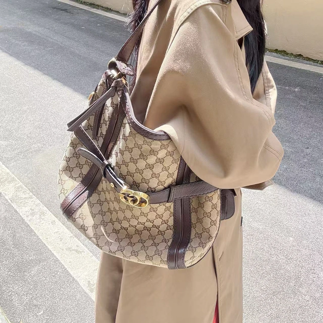 95新 GUCCI/古驰 95新gucci大双G老花金扣hobo腋下包67238491